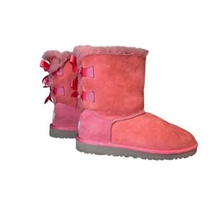 UGG Australia Bailey Bow II Pink Sheepskin Suede Mid Calf Boots Double Bows Sz 6